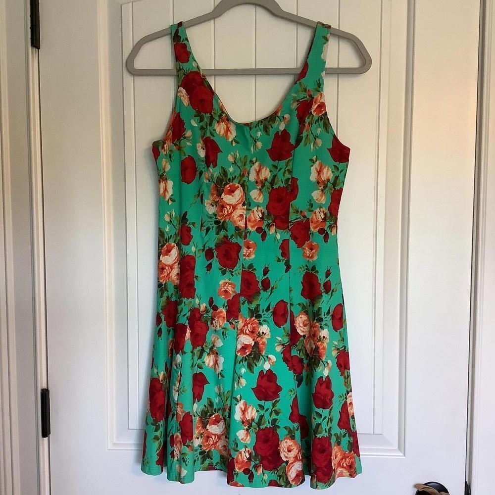 Floral Print A-Line Dress - Teal & Red Roses